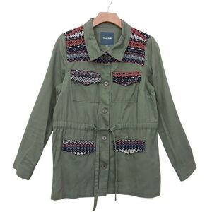 ModCloth Aztec Embroidered Jacket Womens Medium Green  Front Button Twill Cotton